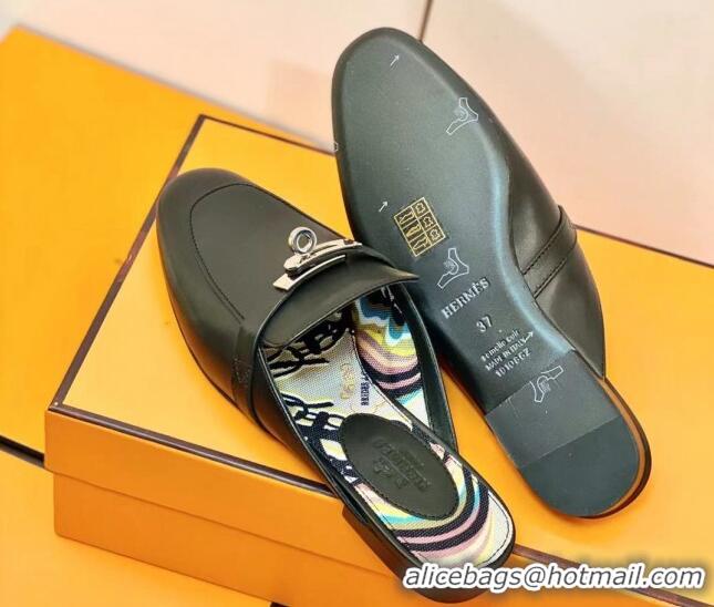 Discount Hermes Oz Mule in Smooth Calfskin with Iconic Kelly Buckle Black 0212058