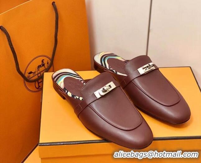 Sumptuous Hermes Oz Mule in Smooth Calfskin with Iconic Kelly Buckle Burgundy 0212059