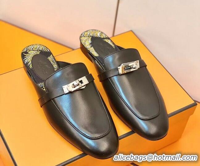 Duplicate Hermes Oz Mule in Smooth Calfskin with Iconic Kelly Buckle 0212061 Black