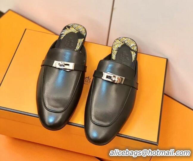 Duplicate Hermes Oz Mule in Smooth Calfskin with Iconic Kelly Buckle 0212061 Black