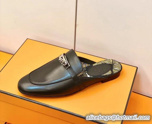 Duplicate Hermes Oz Mule in Smooth Calfskin with Iconic Kelly Buckle 0212061 Black