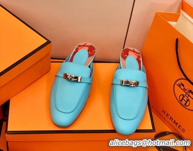 Pretty Style Hermes Oz Mule in Smooth Calfskin with Iconic Kelly Buckle 0212064 Blue