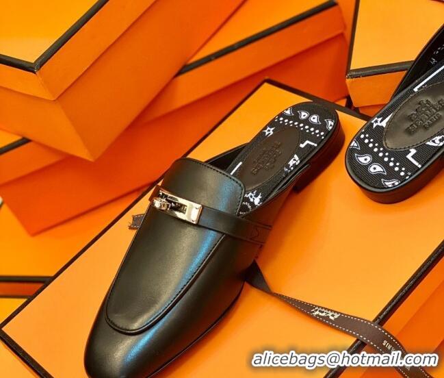 Stylish Hermes Oz Mule in Smooth Calfskin with Iconic Kelly Buckle Black 0212067