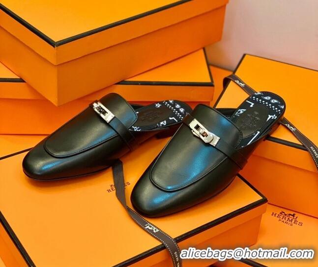 Stylish Hermes Oz Mule in Smooth Calfskin with Iconic Kelly Buckle Black 0212067