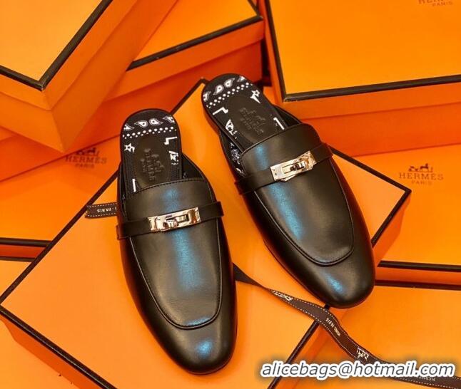 Stylish Hermes Oz Mule in Smooth Calfskin with Iconic Kelly Buckle Black 0212067