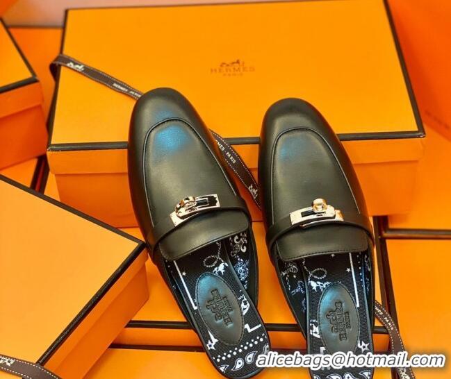 Stylish Hermes Oz Mule in Smooth Calfskin with Iconic Kelly Buckle Black 0212067