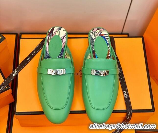 Luxury Hermes Oz Mule in Smooth Calfskin with Iconic Kelly Buckle 0212068 Green