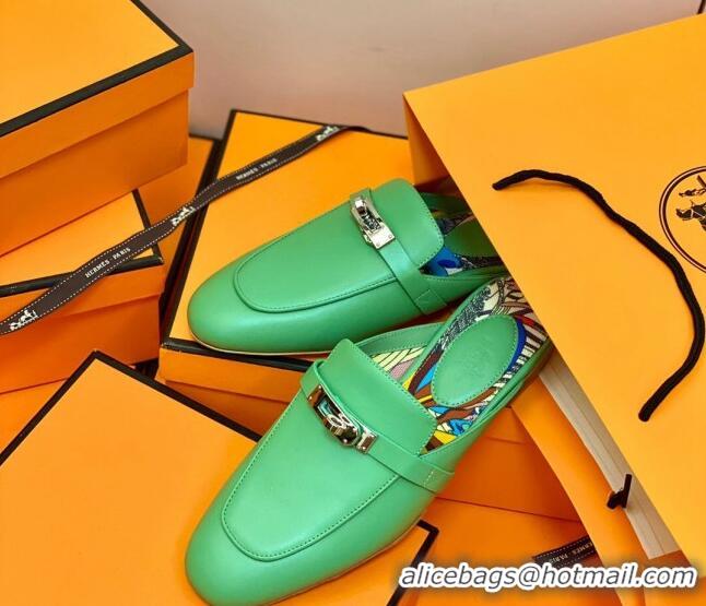 Luxury Hermes Oz Mule in Smooth Calfskin with Iconic Kelly Buckle 0212068 Green