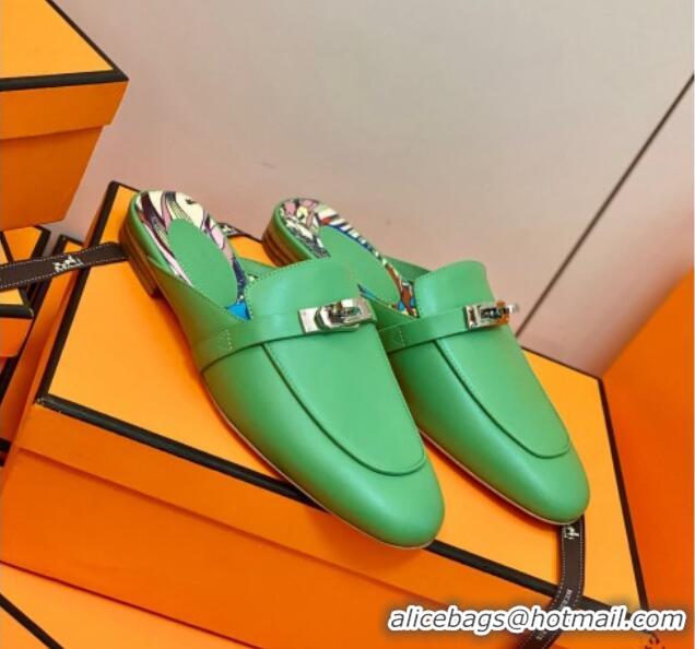 Luxury Hermes Oz Mule in Smooth Calfskin with Iconic Kelly Buckle 0212068 Green