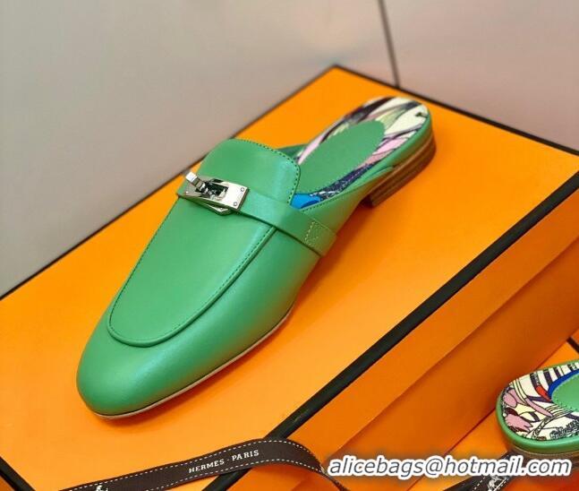 Luxury Hermes Oz Mule in Smooth Calfskin with Iconic Kelly Buckle 0212068 Green