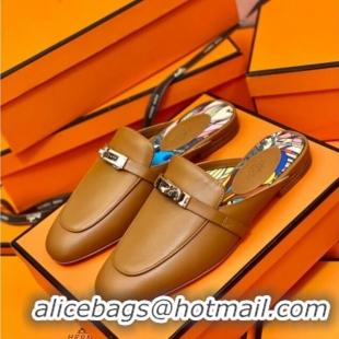 Classic Hot Hermes Oz Mule in Smooth Calfskin with Iconic Kelly Buckle 0214053 Brown