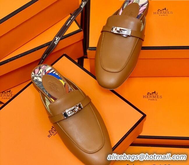 Classic Hot Hermes Oz Mule in Smooth Calfskin with Iconic Kelly Buckle 0214053 Brown