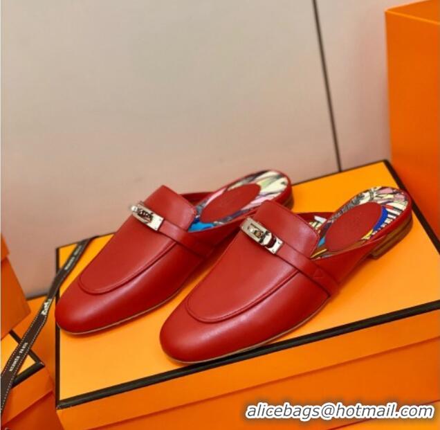 Low Cost Hermes Oz Mule in Smooth Calfskin with Iconic Kelly Buckle 0214053 Deep Red