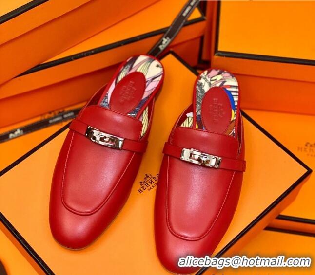 Low Cost Hermes Oz Mule in Smooth Calfskin with Iconic Kelly Buckle 0214053 Deep Red