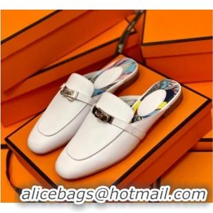 Low Cost Hermes Oz Mule in Smooth Calfskin with Iconic Kelly Buckle 0214053 White