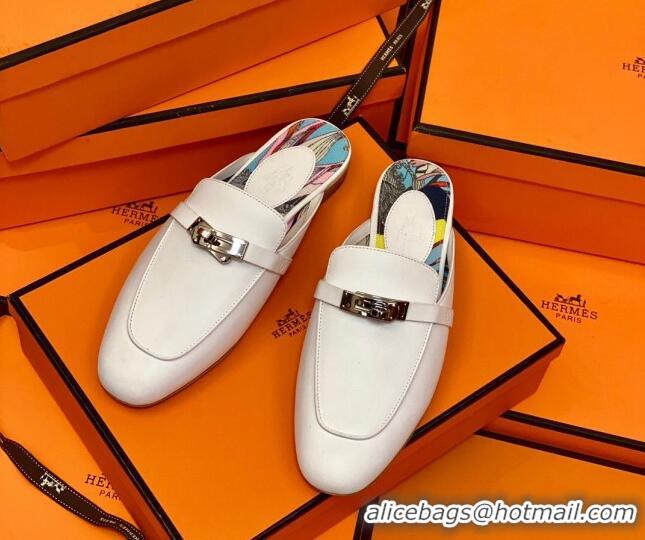 Low Cost Hermes Oz Mule in Smooth Calfskin with Iconic Kelly Buckle 0214053 White