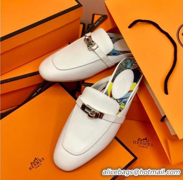 Low Cost Hermes Oz Mule in Smooth Calfskin with Iconic Kelly Buckle 0214053 White