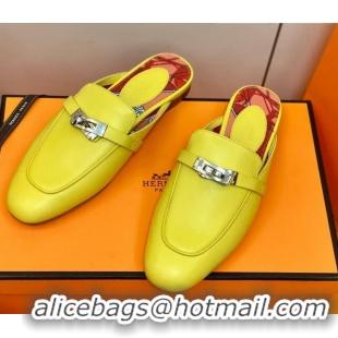 Good Quality Hermes Oz Mule in Smooth Calfskin with Iconic Kelly Buckle 0214053 Yellow