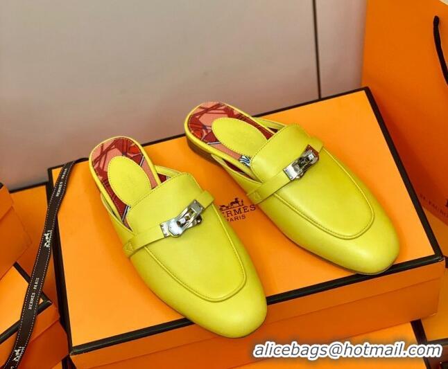 Good Quality Hermes Oz Mule in Smooth Calfskin with Iconic Kelly Buckle 0214053 Yellow