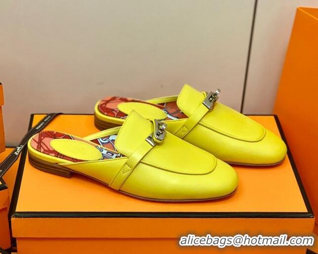 Good Quality Hermes Oz Mule in Smooth Calfskin with Iconic Kelly Buckle 0214053 Yellow