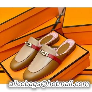 Luxury Hermes Oz Mule in Smooth Calfskin with Iconic Kelly Buckle 0214053 Brown/Khaki