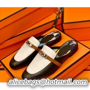 Good Looking Hermes Oz Mule in Smooth Calfskin with Iconic Kelly Buckle 0214053 Black/White