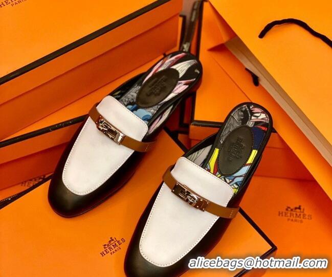 Good Looking Hermes Oz Mule in Smooth Calfskin with Iconic Kelly Buckle 0214053 Black/White