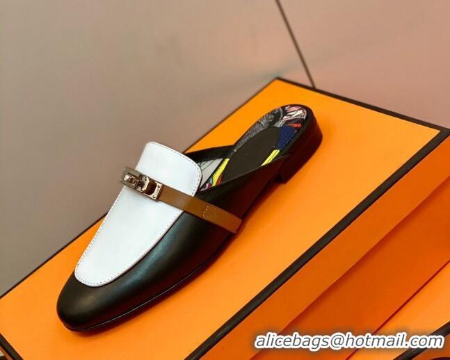 Good Looking Hermes Oz Mule in Smooth Calfskin with Iconic Kelly Buckle 0214053 Black/White