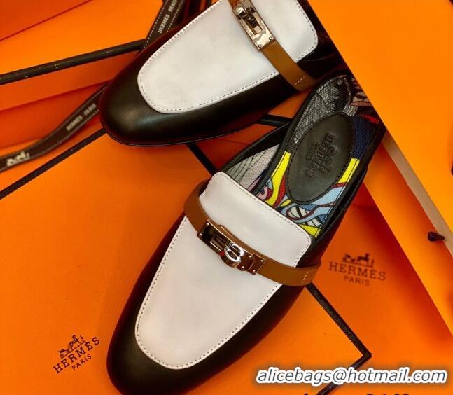 Good Looking Hermes Oz Mule in Smooth Calfskin with Iconic Kelly Buckle 0214053 Black/White