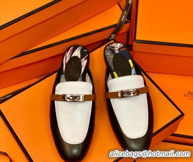 Good Looking Hermes Oz Mule in Smooth Calfskin with Iconic Kelly Buckle 0214053 Black/White