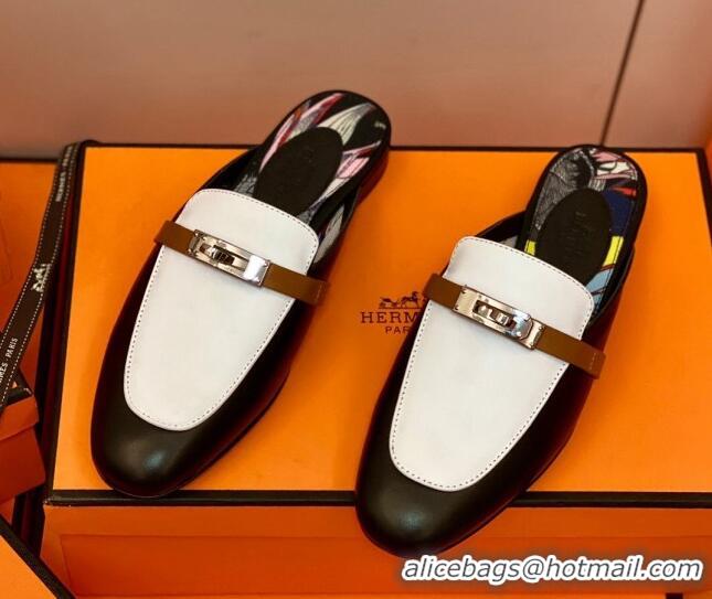 Good Looking Hermes Oz Mule in Smooth Calfskin with Iconic Kelly Buckle 0214053 Black/White