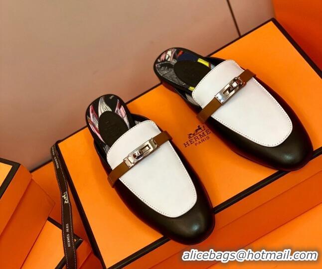 Good Looking Hermes Oz Mule in Smooth Calfskin with Iconic Kelly Buckle 0214053 Black/White