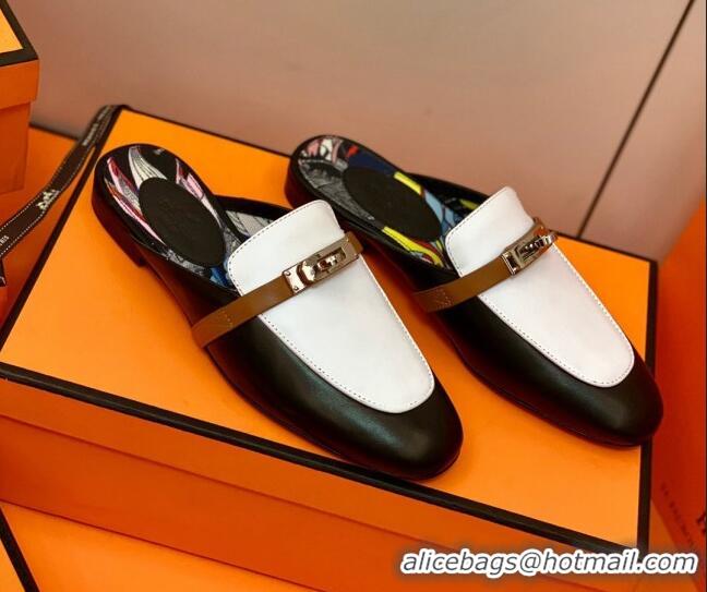 Good Looking Hermes Oz Mule in Smooth Calfskin with Iconic Kelly Buckle 0214053 Black/White