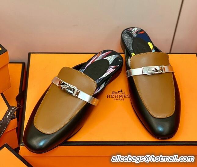 Unique Style Hermes Oz Mule in Smooth Calfskin with Iconic Kelly Buckle 0214053 Black/Brown