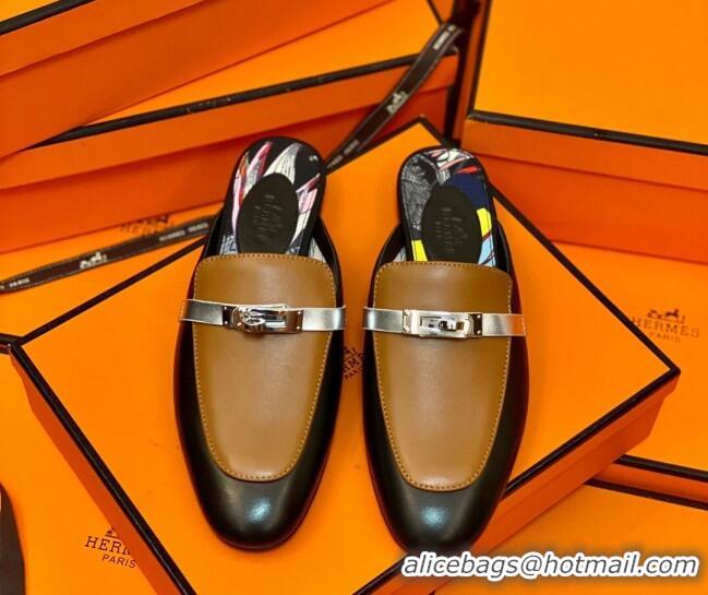 Unique Style Hermes Oz Mule in Smooth Calfskin with Iconic Kelly Buckle 0214053 Black/Brown