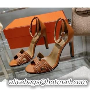 Perfect Hermes Premiere Studded Leather High Heel 10.5cm Sandals 216102 Brown