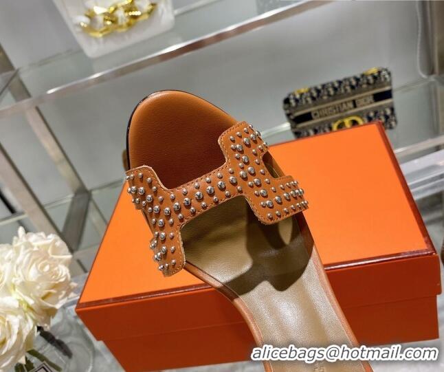 Perfect Hermes Premiere Studded Leather High Heel 10.5cm Sandals 216102 Brown