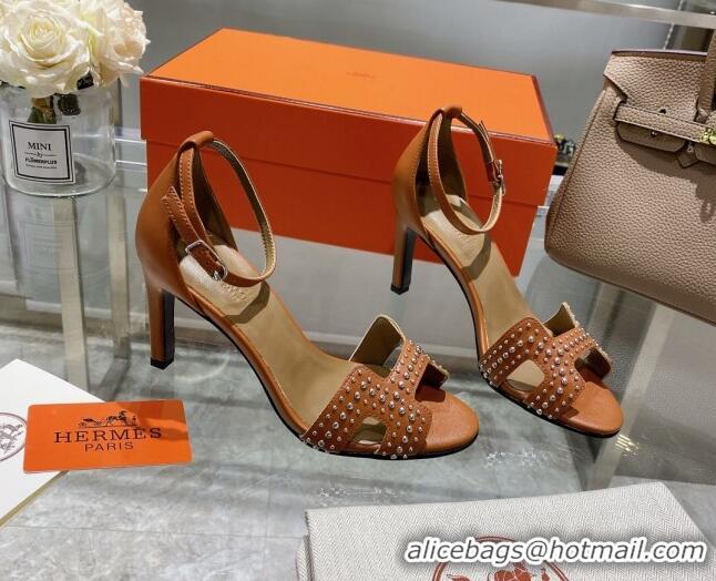 Fashion Hermes Premiere Studded Leather High Heel 9cm Sandals 216103 Brown