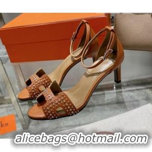 Discount Hermes Premiere Studded Leather Medium Heel 7cm Sandals 0216104 Brown