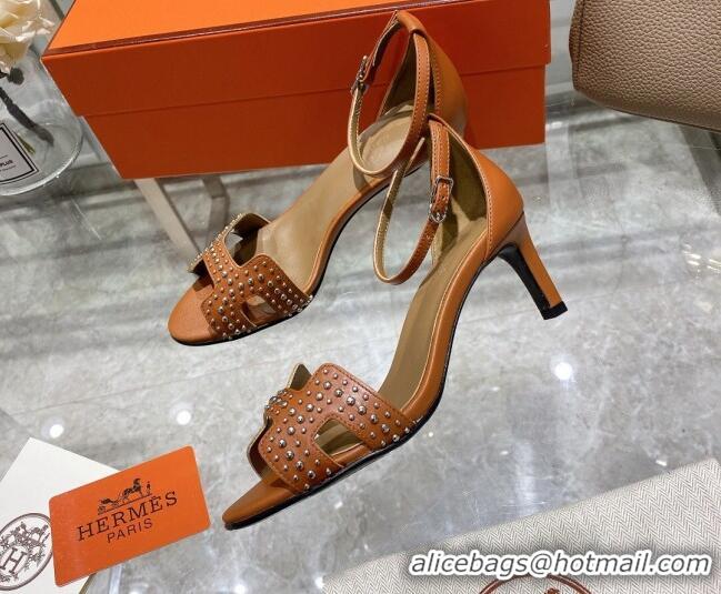 Discount Hermes Premiere Studded Leather Medium Heel 7cm Sandals 0216104 Brown