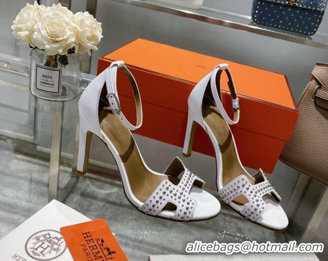 Stylish Hermes Premiere Studded Leather Medium Heel 7cm Sandals 0216104 White