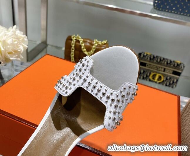 Stylish Hermes Premiere Studded Leather Medium Heel 7cm Sandals 0216104 White