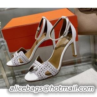 Shop Cheap Hermes Premiere Studded Leather High Heel 9cm Sandals 0216106 White