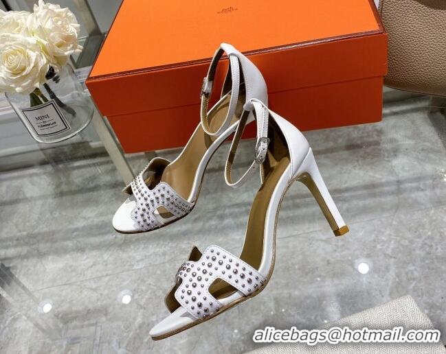 Shop Cheap Hermes Premiere Studded Leather High Heel 9cm Sandals 0216106 White