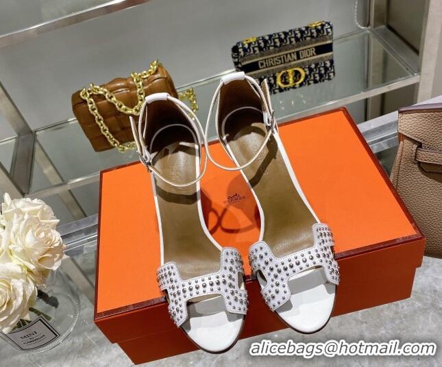 Shop Cheap Hermes Premiere Studded Leather High Heel 9cm Sandals 0216106 White