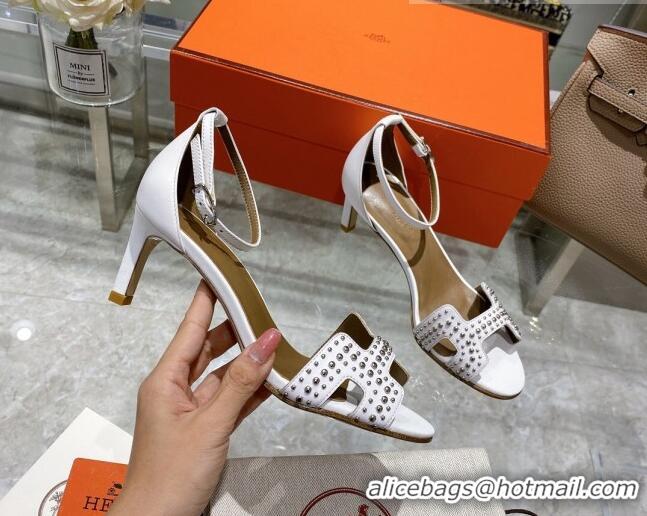 Low Price Hermes Premiere Studded Leather Medium Heel 7cm Sandals 0216107 White