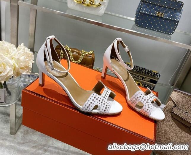 Low Price Hermes Premiere Studded Leather Medium Heel 7cm Sandals 0216107 White