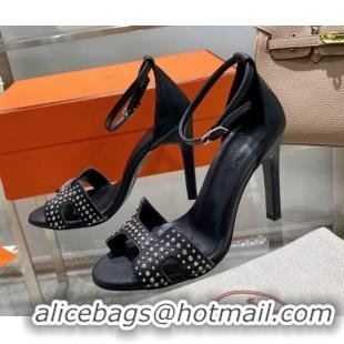 Best Grade Hermes Premiere Studded Leather High Heel cm Sandals 0216107 Black