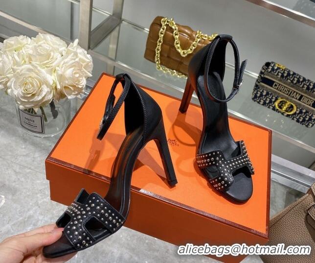 Best Grade Hermes Premiere Studded Leather High Heel cm Sandals 0216107 Black