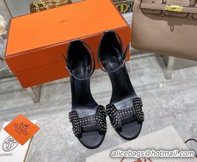 Best Grade Hermes Premiere Studded Leather High Heel cm Sandals 0216107 Black